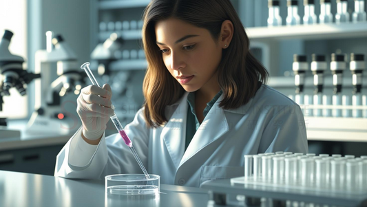 Junge Wissenschaftlerin in weißem Laborkittel arbeitet mit Pipette in einem modernen Stammzellforschungslabor, umgeben von Laborgeräten und Proben.