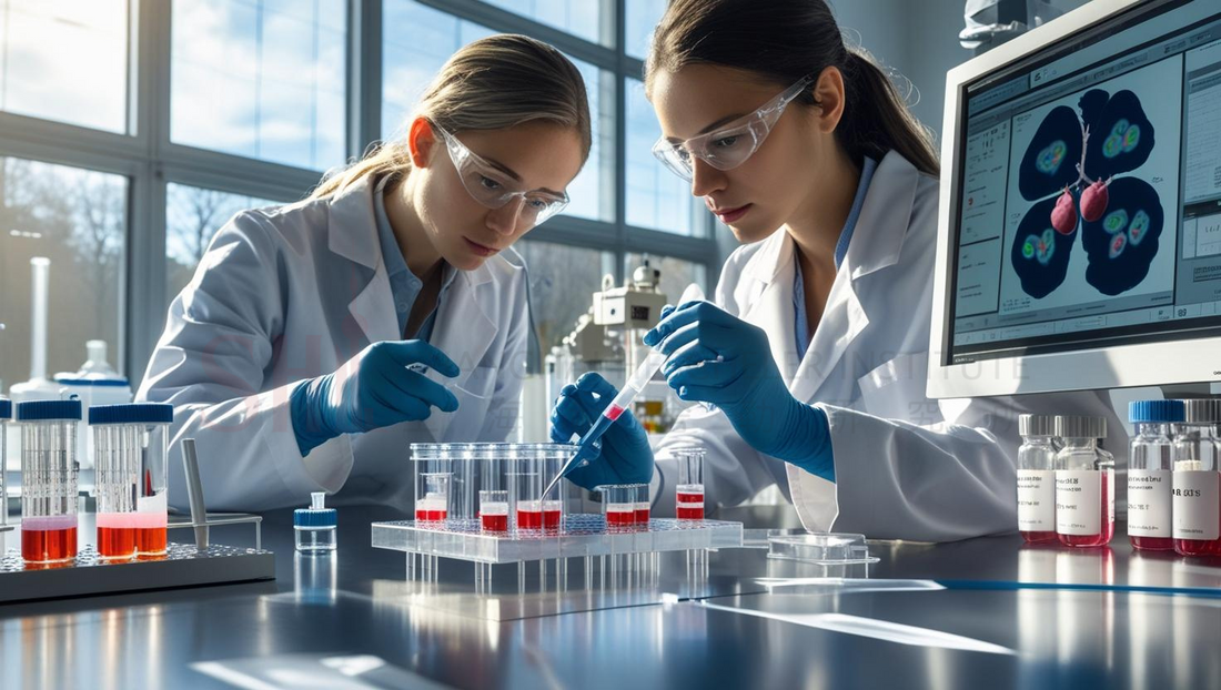 "Two female stem cell researchers in a modern laboratory using pipettes and analyzing cell cultures for cardiovascular research, with digital heart scan display in the background."
