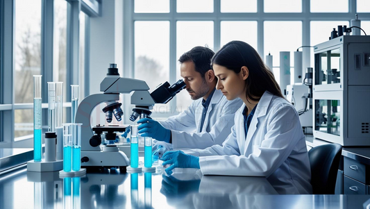 "Two stem cell researchers in a modern laboratory, one using a microscope and the other analyzing samples in test tubes, with bright daylight and advanced lab equipment in the background."