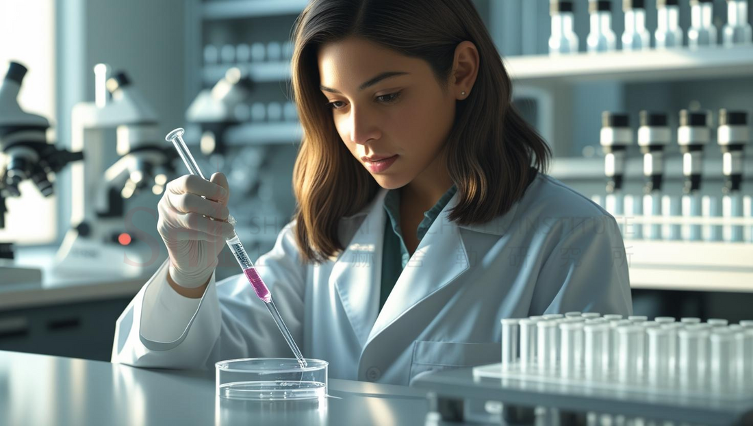 Junge Wissenschaftlerin in weißem Laborkittel arbeitet mit Pipette in einem modernen Stammzellforschungslabor, umgeben von Laborgeräten und Proben.