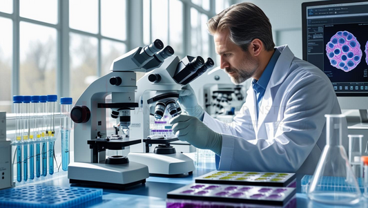 A male scientist in a white lab coat examines stem cell samples through a microscope in a modern laboratory. Surrounding him are glass test tubes, pipettes, and digital monitors displaying cell images, illustrating advanced stem cell research.